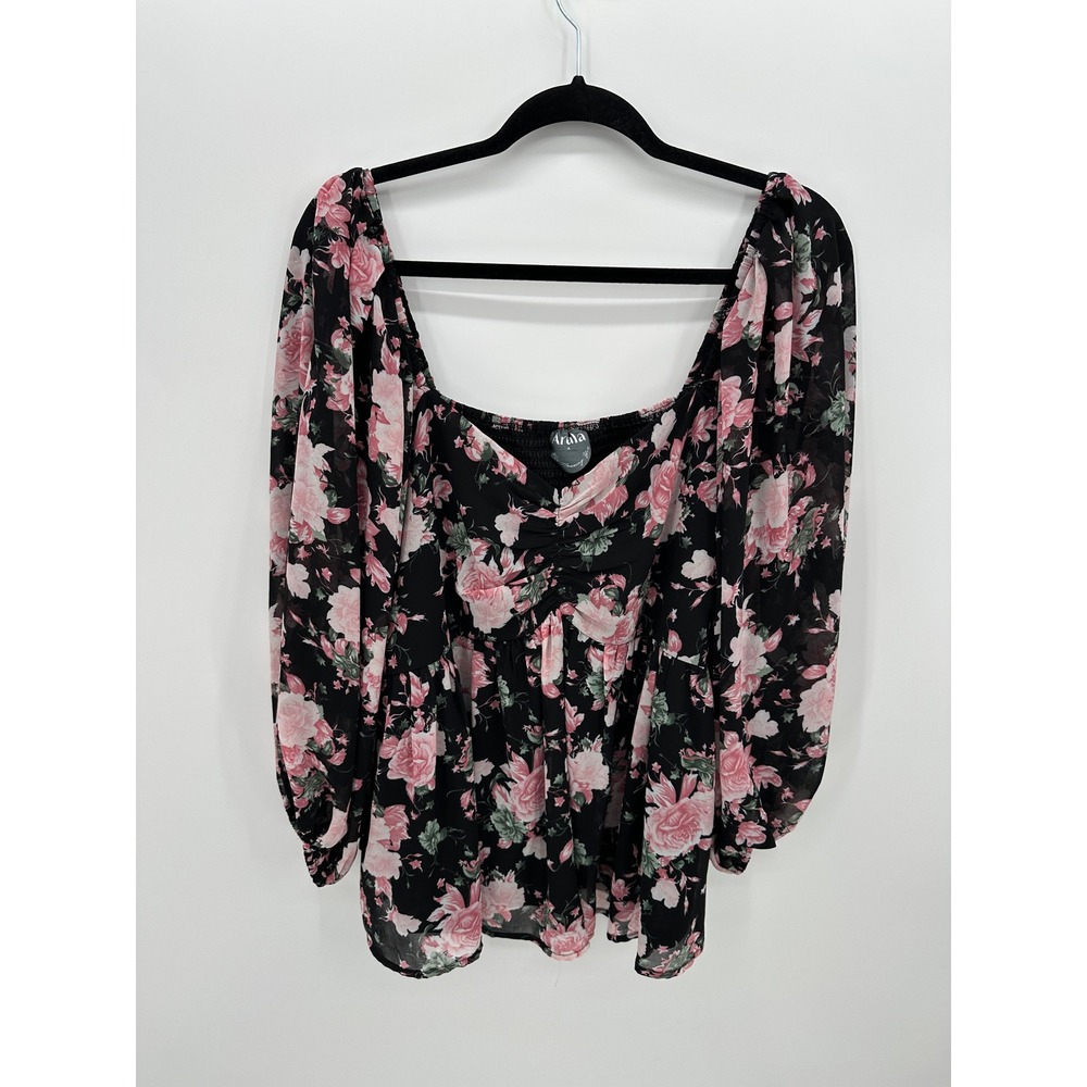 Arula Womens Pink Floral Babydoll Sheer Top Sz 1X Boho Feminine Dainty Coquette